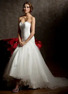 Mermaid Sweetheart Asymmetrical Satin Tulle Wedding Dress With Ruffle Beadwork (002011429)