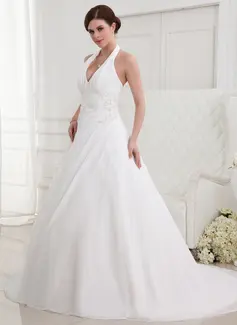 A-Line/Princess Halter Court Train Chiffon Wedding Dress With Ruffle Lace Beadwork (002012787)