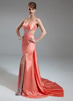 Sheath V-neck Watteau Train Charmeuse Evening Dress With Ruffle Beading (017004461)