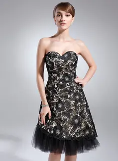 A-Line/Princess Sweetheart Knee-Length Tulle Charmeuse Lace Cocktail Dress With Beading (016008502)
