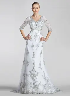 A-Line/Princess V-neck Court Train Satin Lace Wedding Dress With Sashes Beadwork Sequins (002004151)
