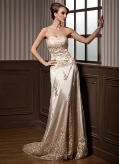 A-Line/Princess Sweetheart Court Train Tulle Charmeuse Wedding Dress With Ruffle Lace (002000169)