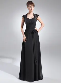 Corte A/Princesa Escote corazón Hasta el suelo gasa encaje Vestido de madrina con Volantes Cuentas Flores (008006153)