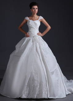 Ball-Gown Sweetheart Chapel Train Taffeta Tulle Wedding Dress With Ruffle Lace Flower(s) Sequins (002017401)