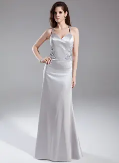 Sheath V-neck Floor-Length Charmeuse Evening Dress With Beading (017015814)