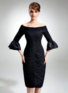 Sheath Off-the-Shoulder Knee-Length Chiffon Charmeuse Cocktail Dress With Ruffle (016021259)
