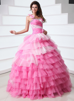Ball-Gown One-Shoulder Floor-Length Organza Quinceanera Dress With Ruffle Beading Flower(s) (021017350)