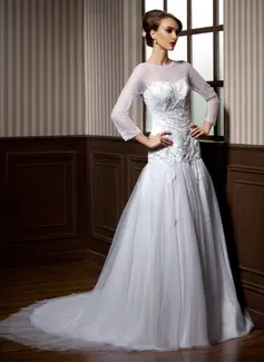 A-Line/Princess Scoop Neck Chapel Train Satin Tulle Wedding Dress With Beadwork (002004776)