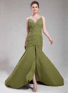 Mermaid Sweetheart Court Train Chiffon Tulle Evening Dress With Ruffle Beading Sequins (017019469)