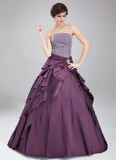 Ball-Gown Strapless Floor-Length Taffeta Quinceanera Dress With Crystal Brooch (021020765)