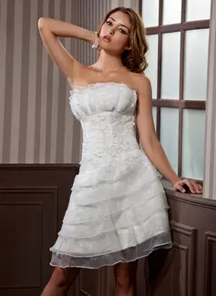 A-Line/Princess Scalloped Neck Knee-Length Organza Satin Wedding Dress With Ruffle Lace (002012067)