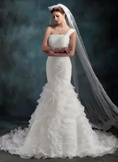 Mermaid One-Shoulder Court Train Organza Wedding Dress With Ruffle (002000623)