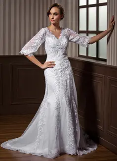 A-Line/Princess V-neck Court Train Satin Tulle Wedding Dress With Lace Beadwork (002011617)