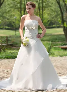Ball-Gown Strapless Cathedral Train Organza Satin Wedding Dress With Ruffle Beadwork (002024692)