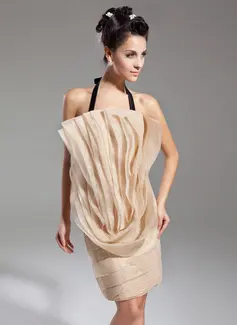 Sheath Halter Knee-Length Organza Cocktail Dress With Ruffle (016015124)