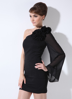 Sheath One-Shoulder Short/Mini Chiffon Cocktail Dress With Flower(s) (008017161)
