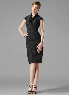 Sheath V-neck Knee-Length Taffeta Holiday Dress With Ruffle (020003292)