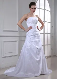 A-Line/Princess Scalloped Neck Sweep Train Taffeta Wedding Dress With Ruffle Lace Beadwork Sequins (002011934)
