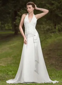 A-Line/Princess Halter Court Train Chiffon Charmeuse Wedding Dress With Ruffle Lace (002011786)