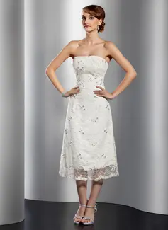 A-Line/Princess Strapless Tea-Length Satin Lace Cocktail Dress With Beading (016014741)