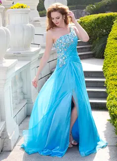 A-Line/Princess One-Shoulder Sweep Train Chiffon Prom Dress With Ruffle Beading (018024652)