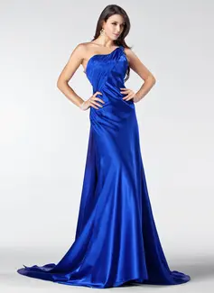 A-Line/Princess One-Shoulder Court Train Tulle Charmeuse Evening Dress With Ruffle Lace Beading (017005207)