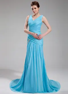 A-Line/Princess V-neck Court Train Chiffon Satin Evening Dress With Ruffle Beading (017019735)