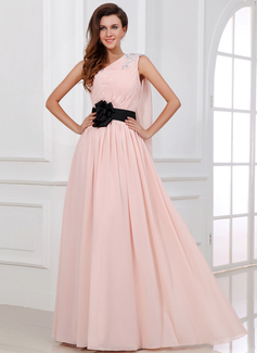 A-Line/Princess One-Shoulder Floor-Length Chiffon Holiday Dress With Ruffle Sash Beading (020017306)