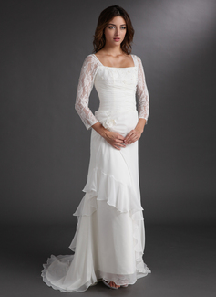 A-Line/Princess Square Neckline Sweep Train Chiffon Lace Holiday Dress With Ruffle Beading (020016837)