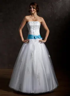 Ball-Gown Strapless Floor-Length Tulle Quinceanera Dress With Lace Sash Beading (021002291)
