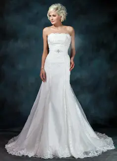 Mermaid Strapless Chapel Train Organza Satin Wedding Dress With Ruffle Lace Beadwork (002001236)