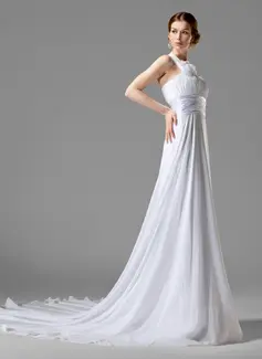 Empire One-Shoulder Chapel Train Chiffon Charmeuse Wedding Dress With Ruffle Flower(s) (002000447)