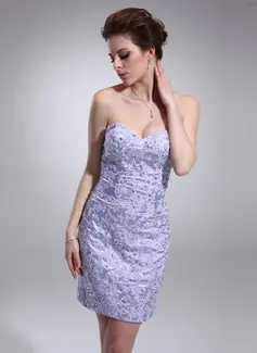 Sheath Sweetheart Short/Mini Charmeuse Lace Cocktail Dress With Beading (016008410)