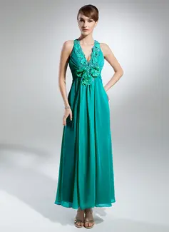 A-Line/Princess V-neck Ankle-Length Chiffon Holiday Dress With Ruffle Beading Flower(s) (020015328)