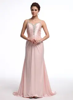 Sheath Sweetheart Sweep Train Charmeuse Evening Dress With Ruffle Beading (017026233)