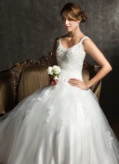 Ball-Gown V-neck Sweep Train Satin Tulle Wedding Dress With Ruffle Lace Beadwork Sequins (002008170)