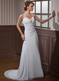 A-Line/Princess Sweetheart Court Train Chiffon Wedding Dress With Ruffle Lace Beadwork Crystal Brooch (002011468)