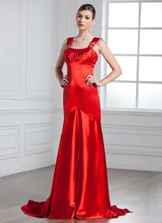 Empire Scoop Neck Watteau Train Charmeuse Evening Dress With Ruffle Beading (017002272)