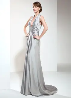 A-Line/Princess Halter Sweep Train Charmeuse Evening Dress With Ruffle Beading (017020665)