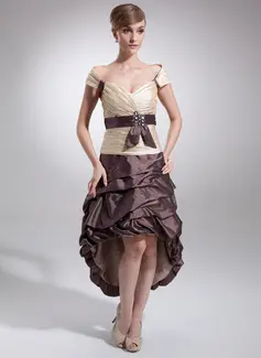 A-Line/Princess Off-the-Shoulder Asymmetrical Taffeta Homecoming Dress With Ruffle Sash Beading (022009147)
