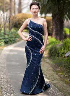 Mermaid One-Shoulder Court Train Charmeuse Evening Dress With Beading (017022936)