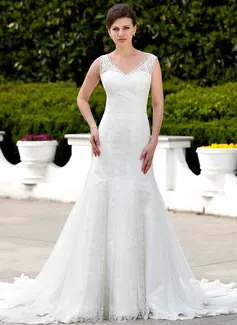 Mermaid V-neck Cathedral Train Tulle Wedding Dress With Lace (002000264)