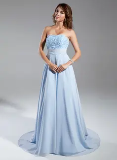 A-Line/Princess Strapless Chapel Train Chiffon Evening Dress With Ruffle Lace Beading (017015326)