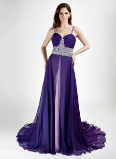 A-Line/Princess Sweetheart Court Train Chiffon Evening Dress With Beading (017015769)