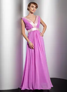 A-Line/Princess V-neck Floor-Length Chiffon Charmeuse Evening Dress With Ruffle Sash (017014783)