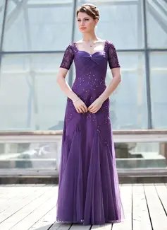 A-Line/Princess Sweetheart Floor-Length Tulle Charmeuse Lace Mother of the Bride Dress With Ruffle Beading Sequins (008018693)