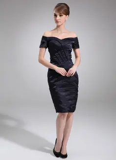 Sheath Off-the-Shoulder Knee-Length Charmeuse Mother of the Bride Dress (008006335)