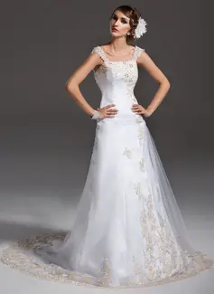 A-Line/Princess Off-the-Shoulder Court Train Satin Tulle Wedding Dress With Ruffle Lace Beadwork (002000091)