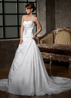 A-Line/Princess Halter Court Train Taffeta Wedding Dress With Ruffle Beadwork Sequins (002011410)