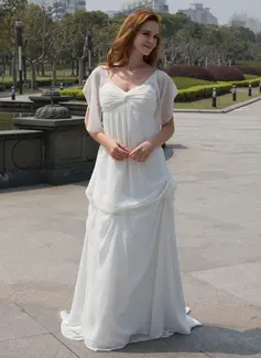 Empire V-neck Sweep Train Chiffon Wedding Dress With Ruffle Flower(s) (002024596)